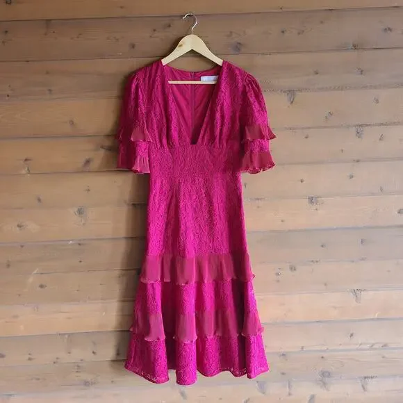 Anthropologie Lace Dress Midi Red Keepsake The Label Timeless S Ruffle Pleat - Picture 2 of 6